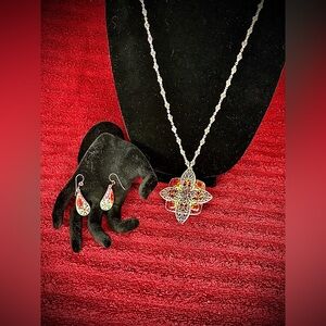 Chico’s Statement Necklace & Earrings Set Enamel Floral Pendant item#0050